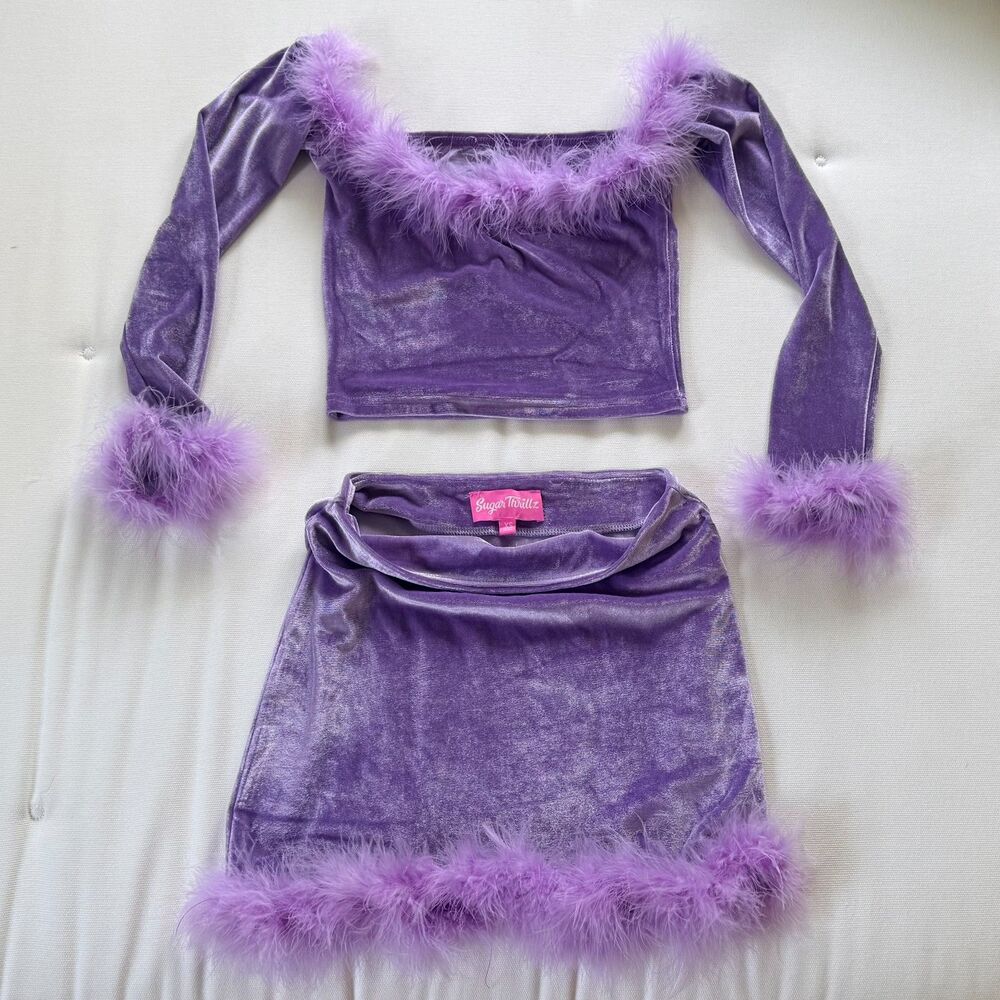 Sugar Thrillz Lavender Velvet Feather Two Piece Set XS